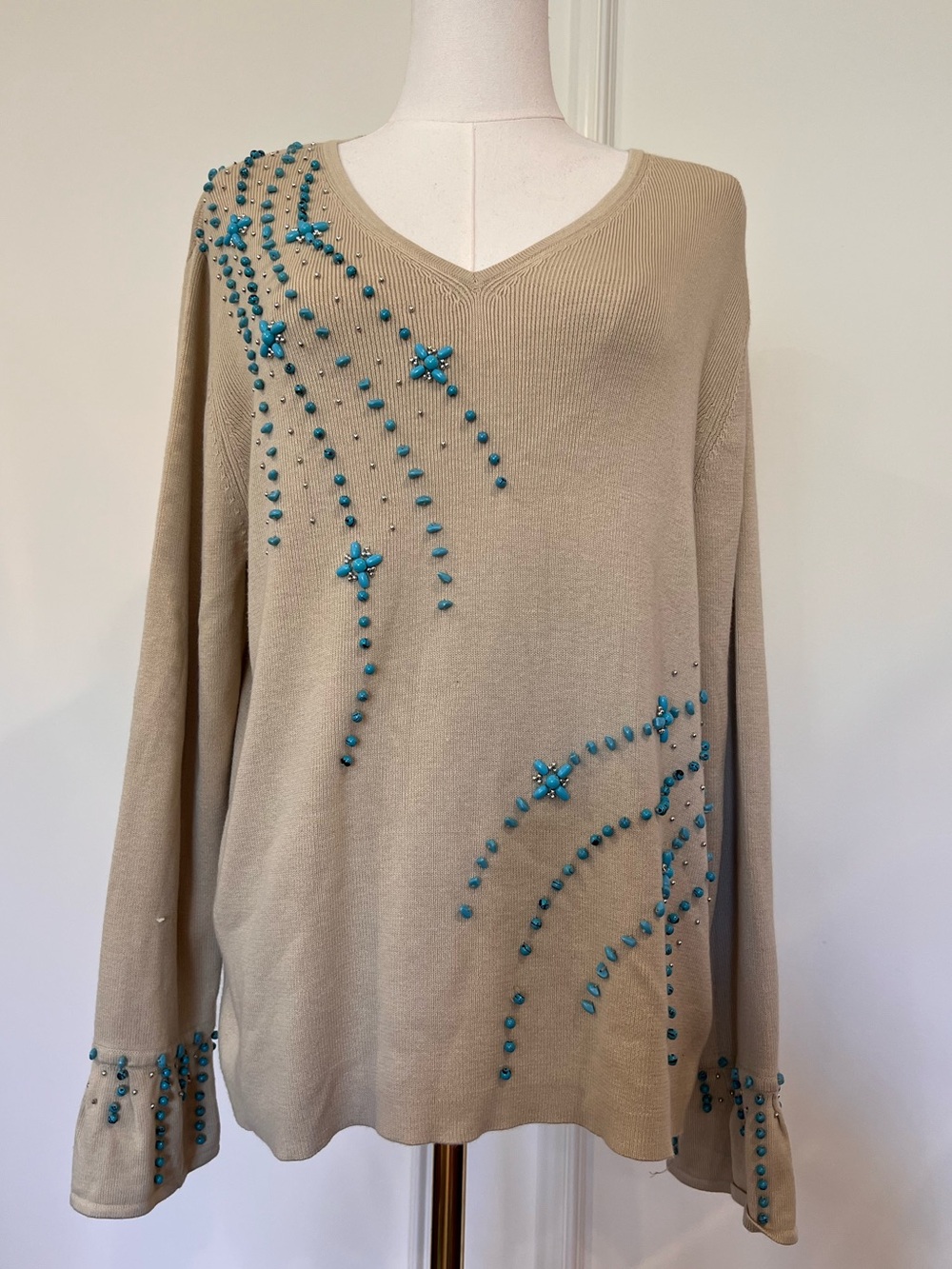 Vintage Turquoise Beaded Starburst V Neck Bell Sleeve Sweater Boho Knit Sz L